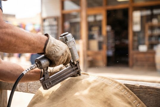 Craftsman wearing leather gloves using a pneumatic staple gun to attach burlap fabric to a wooden rail