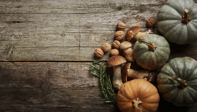 Autumn harvest flat lay with heirloom pumpkins, porcini mushrooms and walnuts on rustic wood