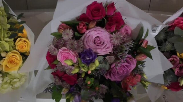 Flower bouquets arranged neatly in a store