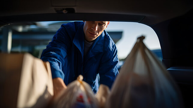 Dedicated worker busy loading or unloading items from a vehicle trunk, a determined and focused professional performing essential delivery tasks