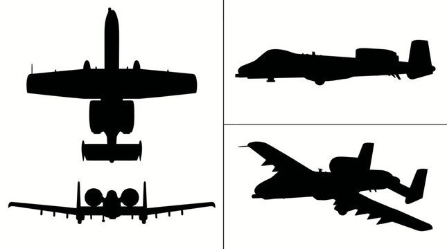 A-10 Thunderbolt II Warthog Ground Attack Aircraft Black Silhouette Set 4 Views Top Side Front Angle Vector Illustration