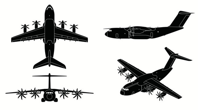 Airbus A400M Atlas Military Transport Aircraft Black Silhouette Set 4 Views Top Side Front Angle Vector Illustration