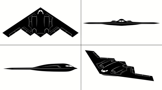 B-2 Spirit Stealth Bomber Flying Wing Aircraft Black Silhouette Set 4 Views Top Side Front Angle Vector Illustration