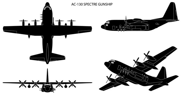 AC-130 Spectre Gunship Military Attack Aircraft Black Silhouette Set 4 Views Top Side Front Angle Vector Illustration