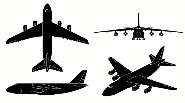 Antonov An-124 Ruslan Heavy Strategic Cargo Aircraft Black Silhouette Set 4 Views Top Side Front Angle Vector Illustration