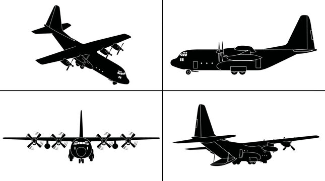 C-130 Hercules Military Transport Cargo Aircraft Black Silhouette Set 4 Views Top Side Front Angle Vector Illustration