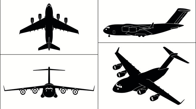 C-17 Globemaster III Military Strategic Airlifter Black Silhouette Set 4 Views Top Side Front Angle Vector Illustration