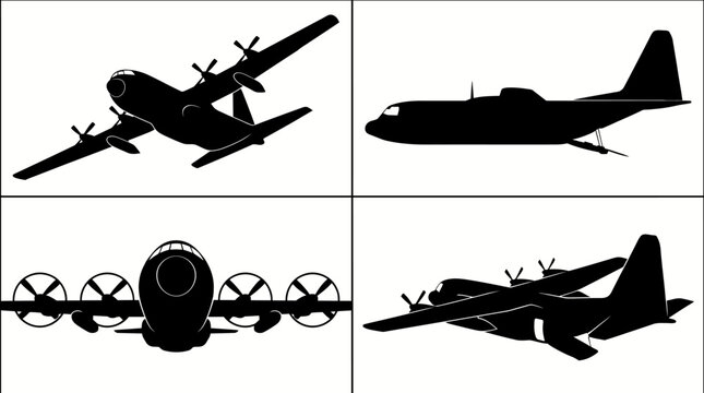 C-130 Hercules Military Transport Cargo Aircraft Black Silhouette Set 4 Views Top Side Front Angle Vector Illustration