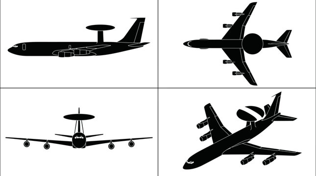 Boeing E-3 Sentry AWACS Radar Aircraft Black Silhouette Set 4 Views Top Side Front Angle Vector Illustration
