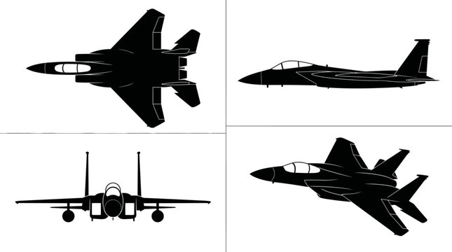 F-15 Eagle Air Superiority Fighter Jet Black Silhouette Set 4 Views Top Side Front Angle Vector Illustration