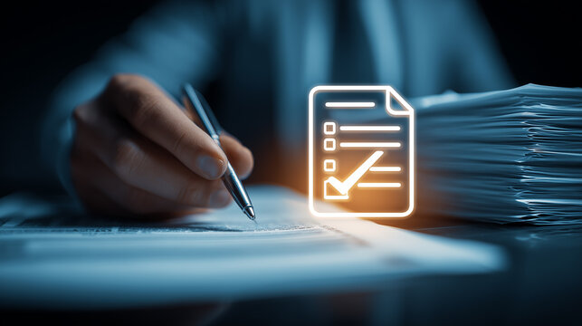 A hand signing documents beside a checklist icon, symbolizing contract approval, compliance review and organized paperwork management.

