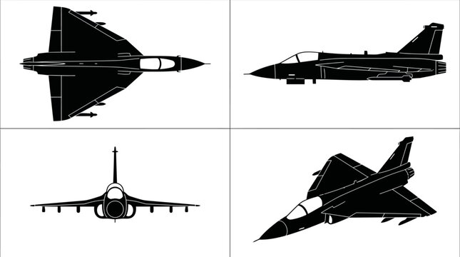 HAL Tejas Light Combat Aircraft India Black Silhouette Set 4 Views Top Side Front Angle Vector Illustration