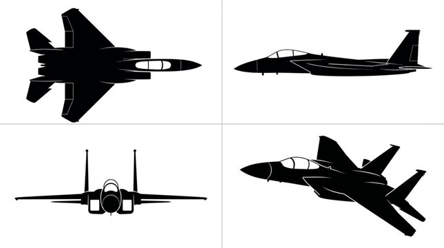 F-15 Eagle Air Superiority Fighter Jet Black Silhouette Set 4 Views Top Side Front Angle Vector Illustration