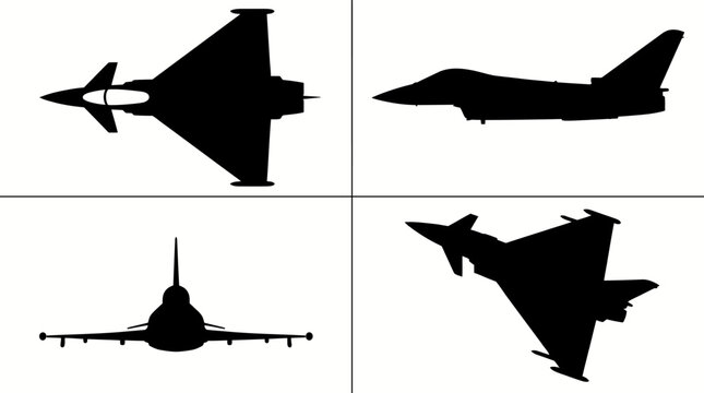 Eurofighter Typhoon Multirole Fighter Jet Black Silhouette Set 4 Views Top Side Front Angle Vector Illustration