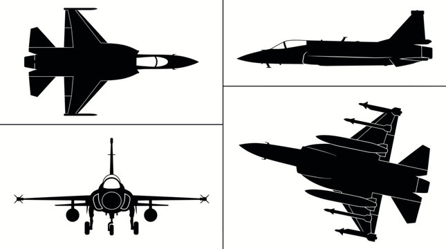 JF-17 Thunder Fighter Jet Black Silhouette Set 4 Views Top Side Front 3/4 Angle Vector Illustration
