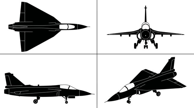HAL Tejas Light Combat Aircraft India Black Silhouette Set 4 Views Top Side Front Angle Vector Illustration