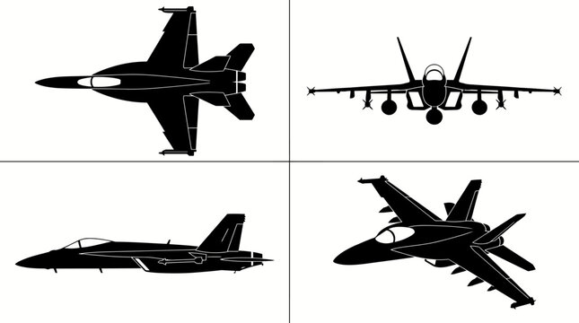 FA-18 Super Hornet Carrier Fighter Jet Black Silhouette Set 4 Views Top Side Front Angle Vector Illustration