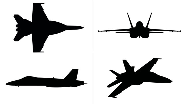 FA-18 Super Hornet Carrier Fighter Jet Black Silhouette Set 4 Views Top Side Front Angle Vector Illustration
