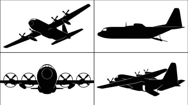 C-130 Hercules Military Transport Cargo Aircraft Black Silhouette Set 4 Views Top Side Front Angle Vector Illustration