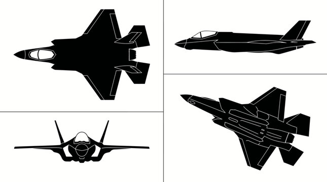 F-35 Lightning II Stealth Fighter Jet Black Silhouette Set 4 Views Top Side Front Angle Vector Illustration