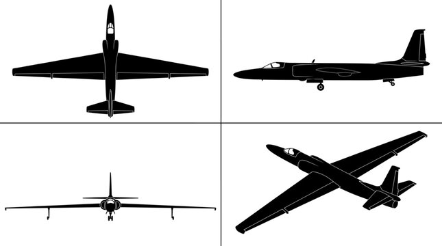Lockheed U-2 Dragon Lady Reconnaissance Spy Plane Black Silhouette Set 4 Views Top Side Front Angle Vector Illustration