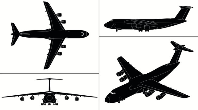Lockheed C-5 Galaxy Heavy Military Transport Aircraft Black Silhouette Set 4 Views Top Side Front Angle Vector Illustration