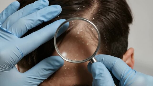 Professional dermatologist in blue gloves checking a man's hair with a magnifying glass. Closeup view of a scalp condition, such as seborrheic dermatitis, dandruff, or psoriasis