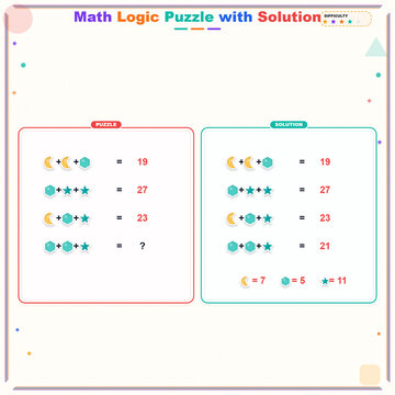 Math logic puzzle with solution featuring symbols and equations  