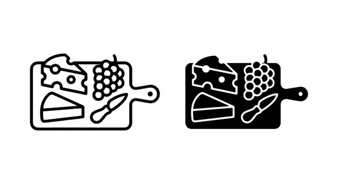 Cheese Board Icons, Vector Food Graphics, Appetizer Platter Symbols, Simple Outline and Solid Styles