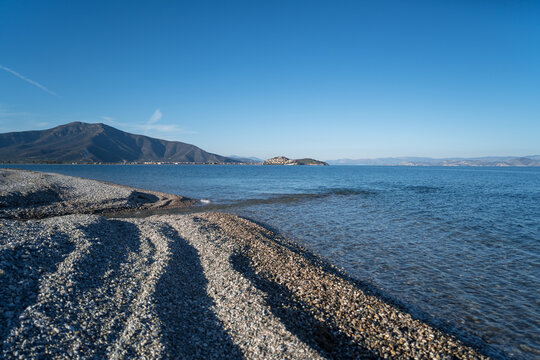 Beach with view of Paralio Astros town, Peloponnese, Greece