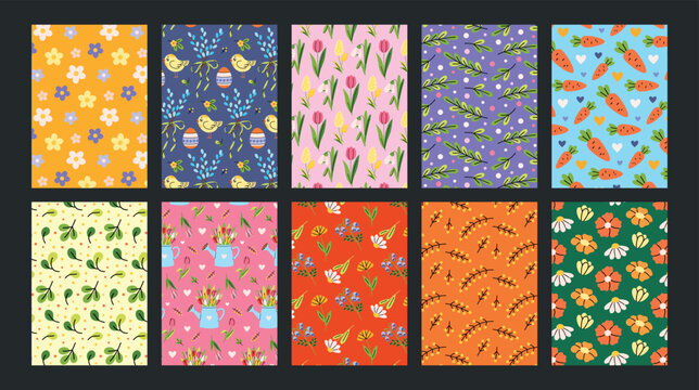Cute colorful collection of seamless patterns in comic cartoon style. Bright vector backgrounds and templates with flowers, plants, leaves and different spring elements for creating printable designs.