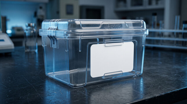 Clear plastic specimen box with a blank label on a laboratory counter specimen container laboratory research collection experiment equipment