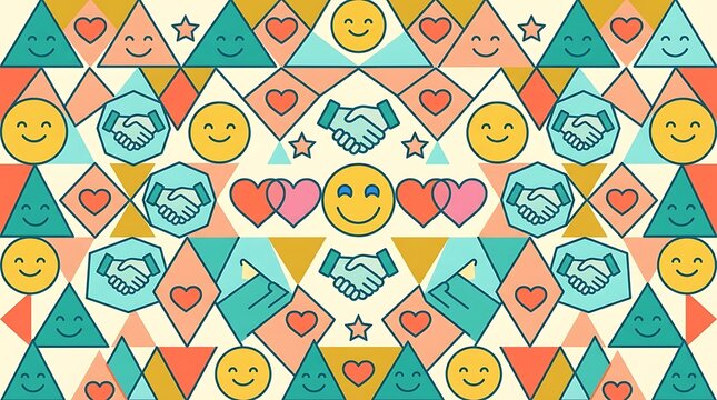 Abstract geometric pattern with smiley faces and handshakes