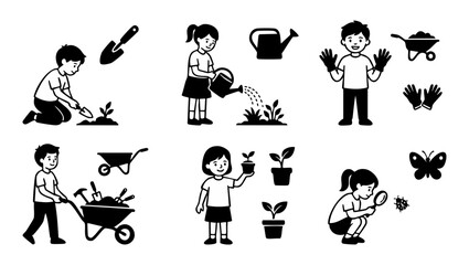 Obraz premium Kids Gardening Icons Set, Children Planting Flowers and Exploring Nature, Vector Black and White Illustrations for School Education, Outdoor Activities and Summer Botany Projects for Little Gardeners