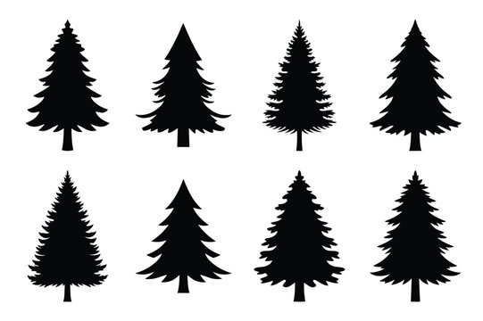 pine tree silhouette icon set in black color on white background. Christmas Simple vector icons for web design.