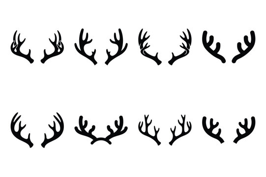 reindeer antlers silhouette icon set in black color on white background. Christmas Simple vector icons for web design.