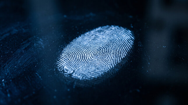 Close-up of a fingerprint on a dark reflective surface with blue lighting trace evidence fingerprint identification identity biometric information