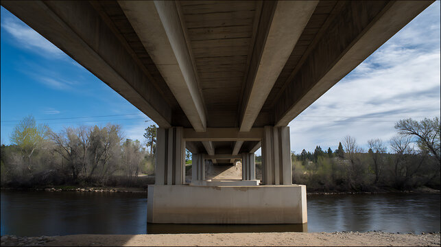 View beneath a concrete bridge structure spanning a river with trees and clear sky showcasing architecture and natural landscape