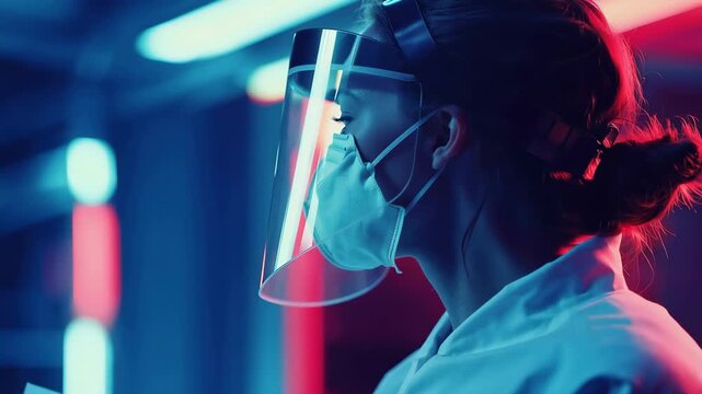 Profile shot of a young woman wearing personal protective equipment, including a face mask and a transparent shield, working in a modern, neon lit laboratory environment