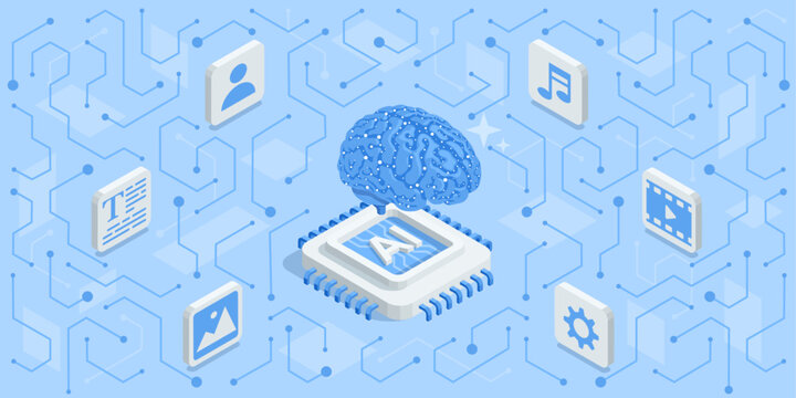 Isometric vector illustration of a neural network, in color on a blue background, a microchip with a brain and icons indicating text and music, as well as video and settings