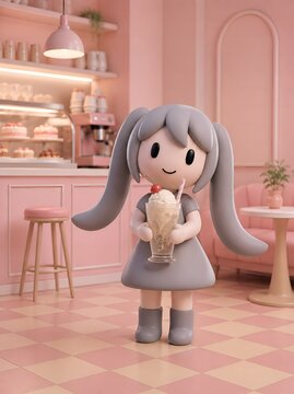 Cute pastel 3D character holding vanilla milkshake in pink dessert cafe aesthetic scene