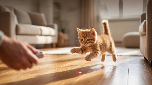 Playful orange cat chasing laser pointer on wooden floor indoors  