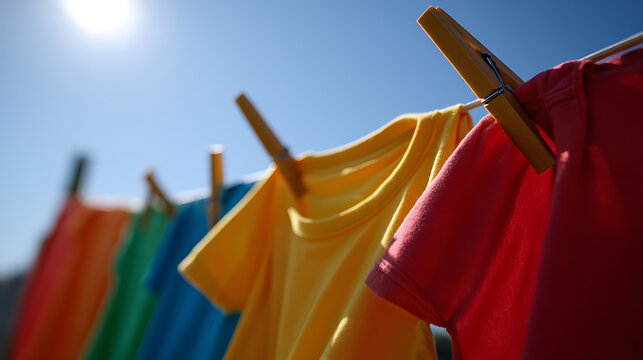 Vibrant colorful clothes dry on a washing line under bright sunlight, with clothespins against a clear blue sky, evoking freshness and home chores