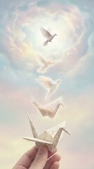 Fototapeta premium Hand holding origami crane turning into flying dove in heavenly cloudy sky. Metamorphosis concept for peace and transformation.