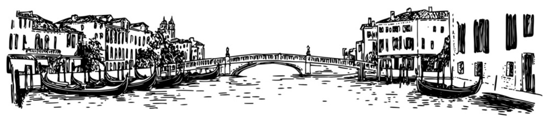 Venice Italy canal with gondolas and bridge Hand drawn detailed historic cityscape sketch vector illustration © Tomas
