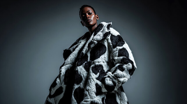 Fashion model wearing oversized black and white cow print faux fur coat poses dramatically against a dark background, showcasing contemporary style and bold design elements