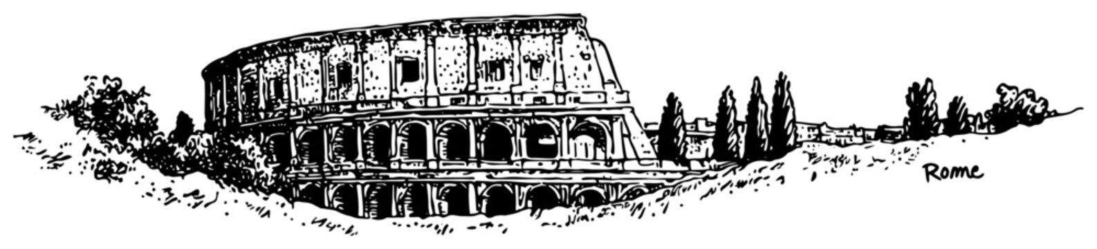 Colosseum in Rome Italy. Famous ancient Roman landmark. Hand drawn vector sketch illustration.