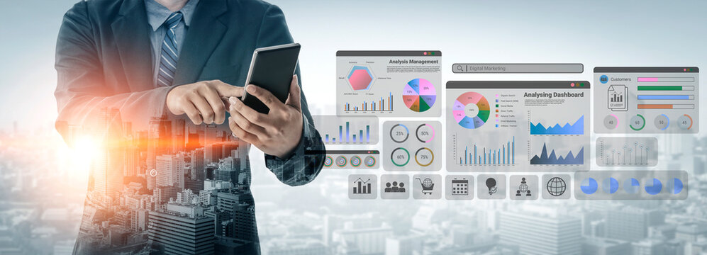 Multiple analytics dashboards with charts and graphs representing marketing data, SEO insights, and performance management Parse