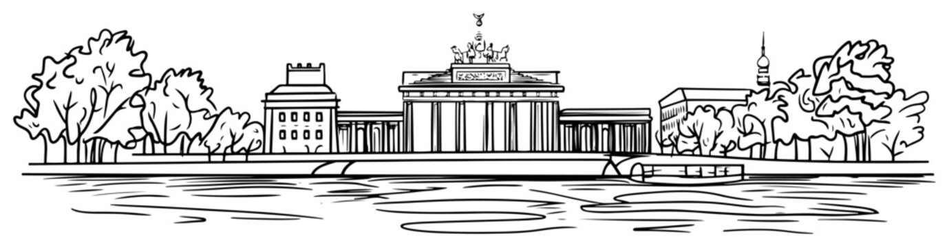 Berlin Germany cityscape with Brandenburg Gate on Spree river Hand drawn urban sketch vector illustration