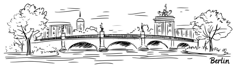 Berlin cityscape with Brandenburg Gate and bridge over the Spree river. Hand drawn vector sketch. © Tomas